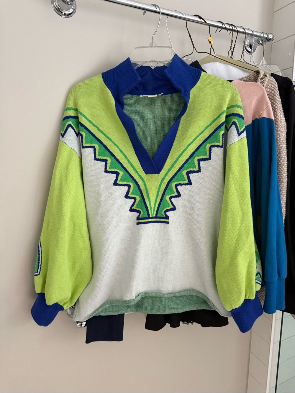 Emily McCarthy Women's V-Neck Colorblock Sweater — Lime Green & Royal Blue